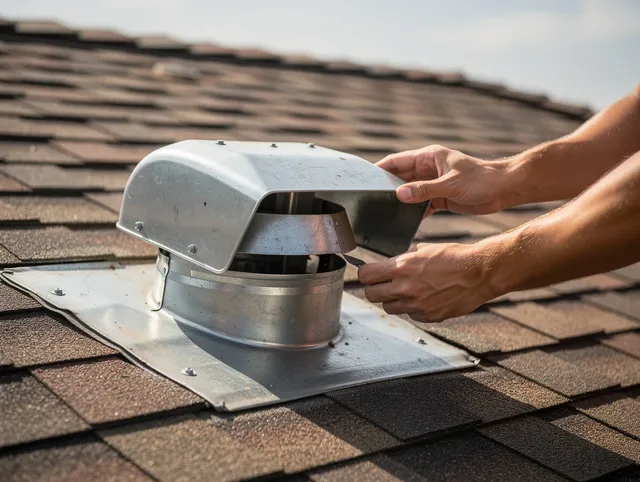 Stafford Dryer Vent Cleaning certified technician safely cleaning a roof-mounted dryer vent in Stafford