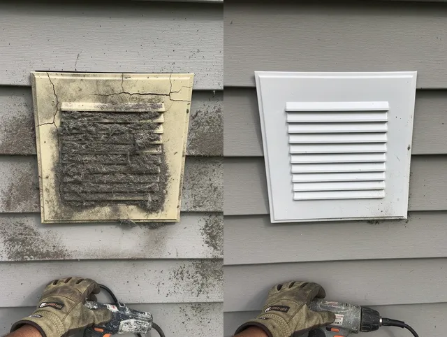 Stafford Dryer Vent Cleaning technician installing high-quality dryer vent cover at a residential property in Stafford
