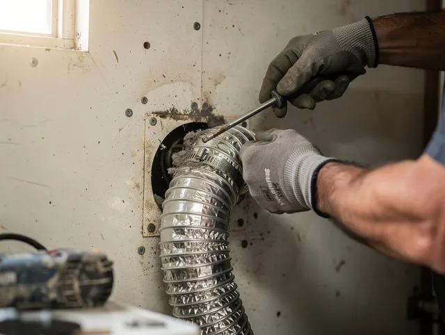Stafford Dryer Vent Cleaning technician performing precise dryer vent hose installation in Stafford